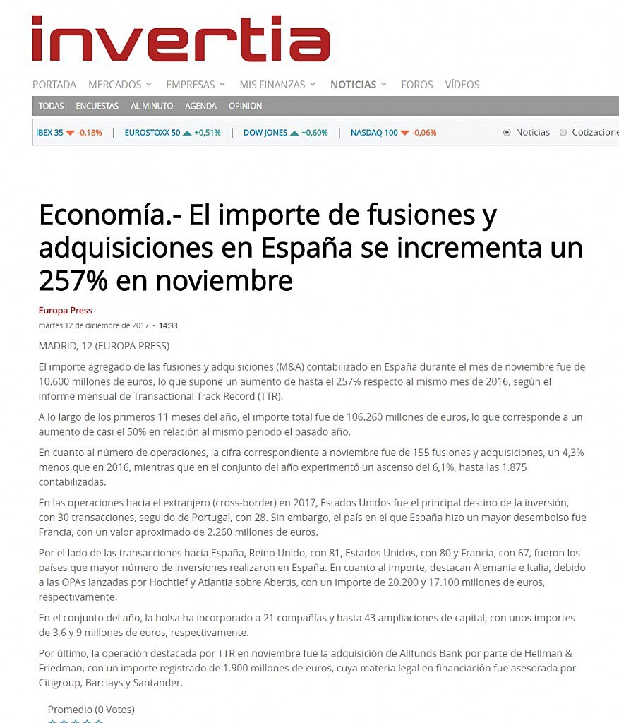 El importe de fusiones y adquisiciones en Espaa se incrementa un 257% en noviembre